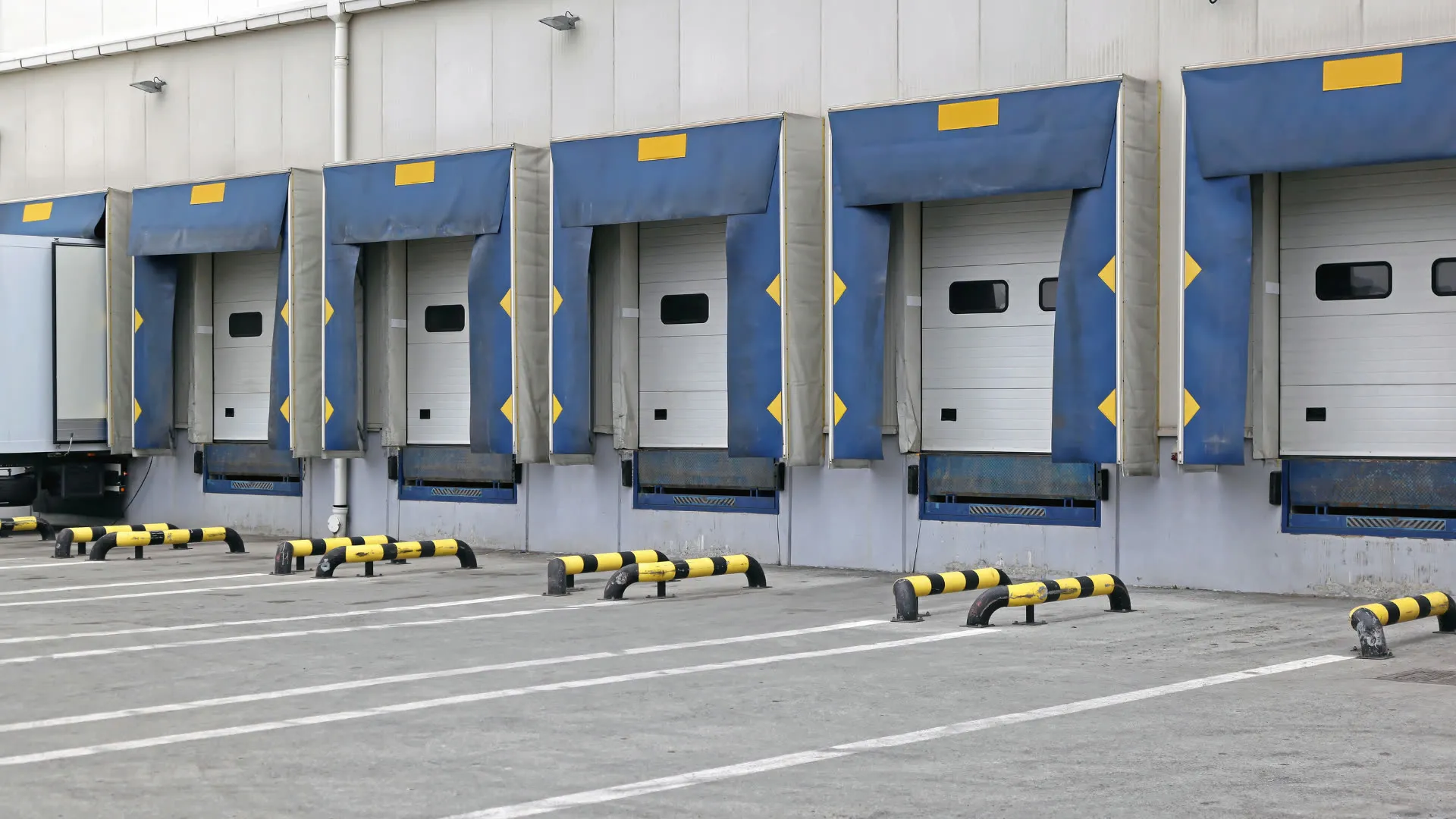 A row of loading dock doors with dock seals at a distribution center